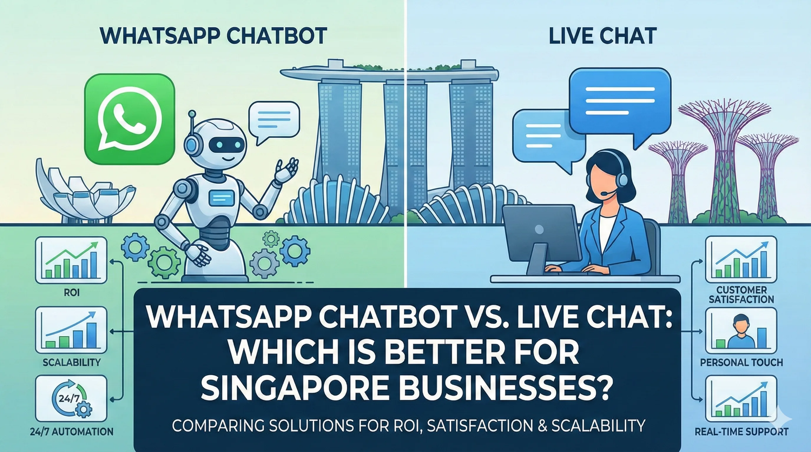 WhatsApp Chatbot vs. Live Chat comparison for Singapore businesses showing ROI, customer satisfaction, and scalability metrics